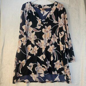 SJS Women Floral Tunic V-Neck Dark Blue Tan 3/4 Sleeve Size 3x Travel Relax